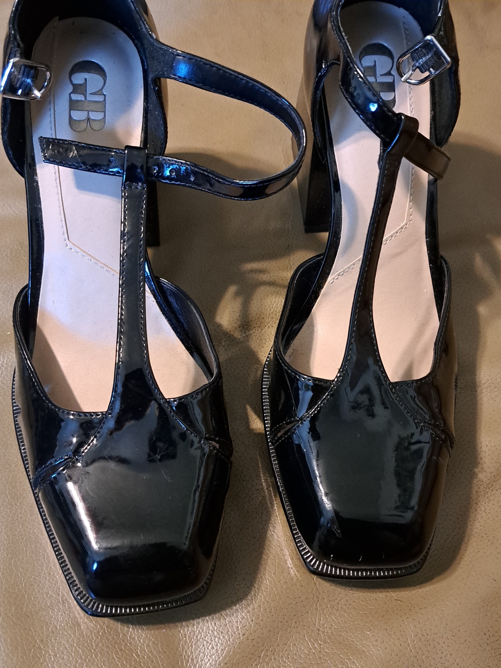 Gianni Bini Women’s Black Patent T-Strap Heels